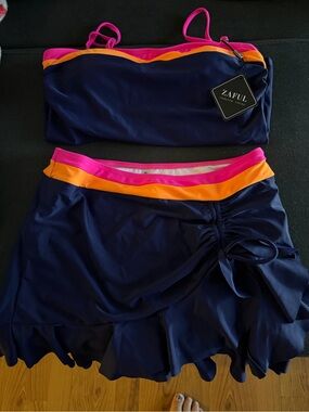Zaful Navy One-Piece Swim with Pink & Orange Trim